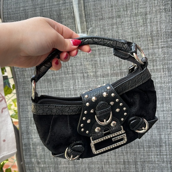 Vintage Guess Black Logo Canvas Studded & Buckled Small Single Handle Y2k Bag - Picture 4 of 9